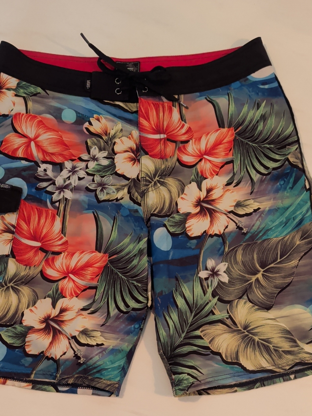 Vans Hawaiian Red & Black Swim Shorts with Drawstring and 4 Way Stretch!
